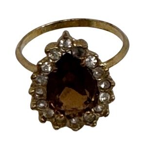 Vintage Gold Tone Pear Cut Amber Halo Statement Cocktail Ring Size 8.75